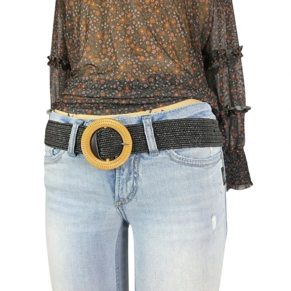 Vintage‎ Boho Woven Belt Stretchy Straw OS Chunky Buckle Hippie Earthy Indie